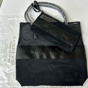 Burberry Black Mesh Tote with matching cosmetic bag